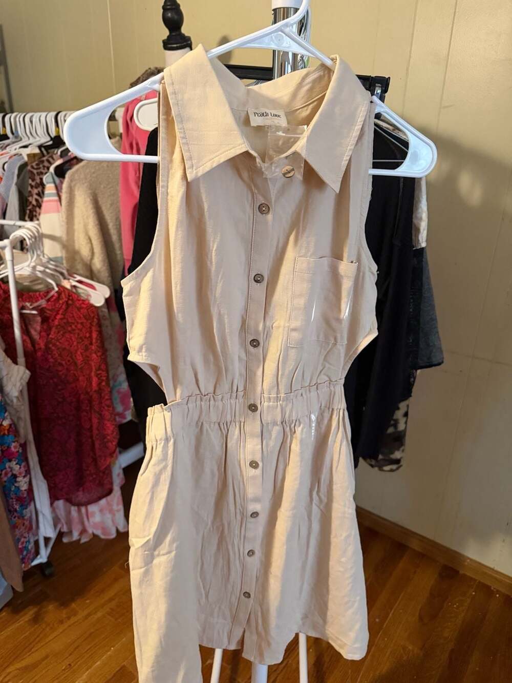 Peach Love California Beige Sleeveless Button-Down Shirt Dress with Cutouts